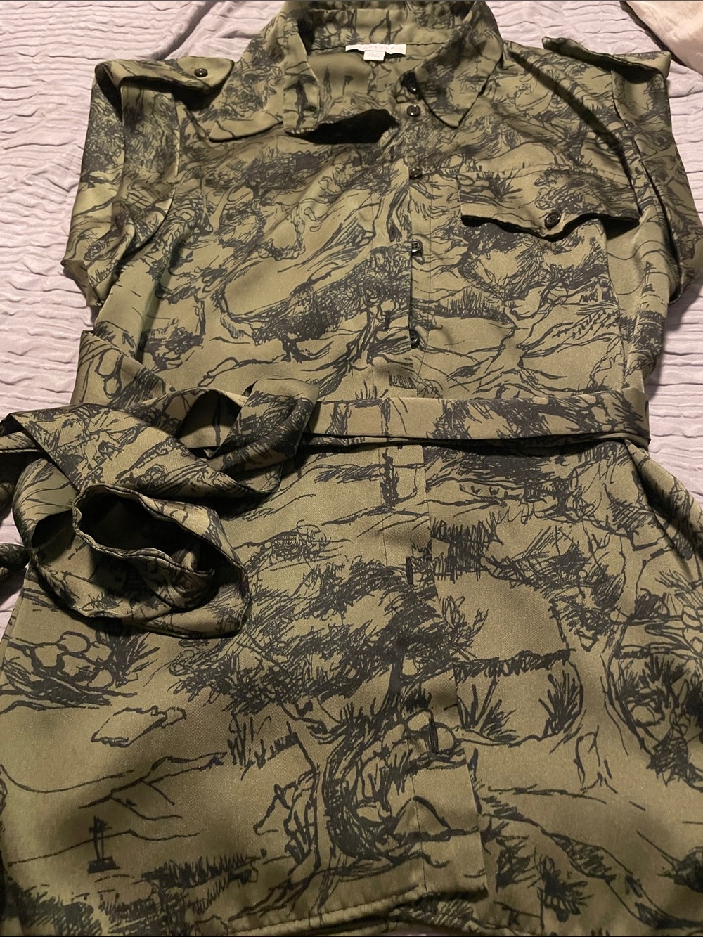 Topshop Olive Green Printed Shirt Dress with Black Sketch Print